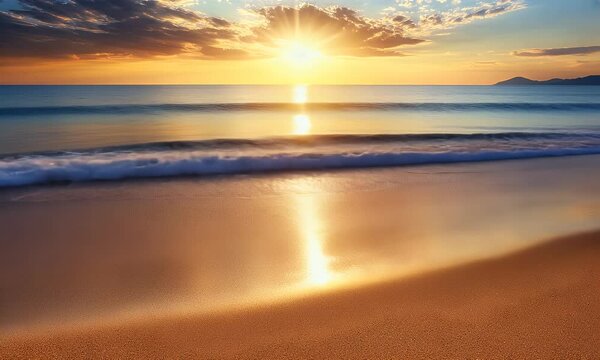 Stunning Sunset Over the Ocean with Gentle Waves and Soft Sand at a Beach