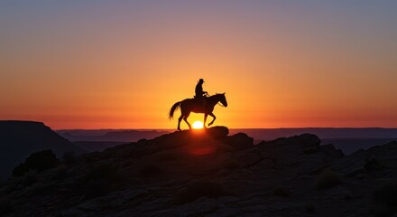 Sunset Silhouette: Cowboy on Horseback at Canyon Rim