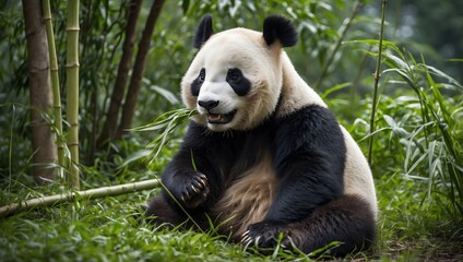 Obraz premium Giant panda eating bamboo in the wild