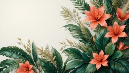 Elegant Tropical Floral Design Lush Green Leaves, Coral & Gold Flowers
