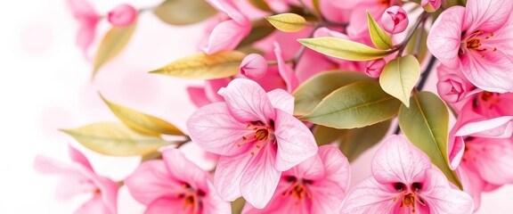 Delicate pink watercolor floral spring background with leaves and copy space, artistic, floral