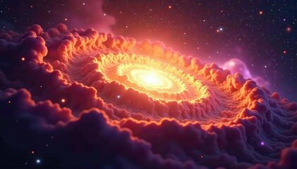 Bright central light in a swirling orange nebula with purple undertones, glow, nebula