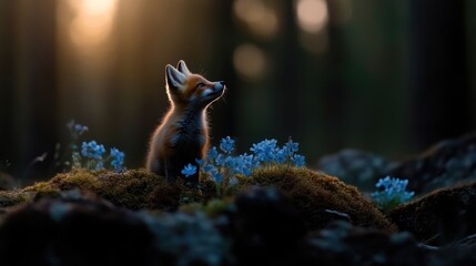 Obraz premium Foxy pup in forest, sunlit scene
