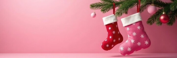 Brightly colored stockings hanging on a tree branch, presents, pink, holiday