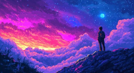 A person standing on a hill gazing at a starry sky