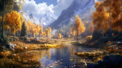 Naklejka premium Vibrant Autumn Valley Landscape with Golden Trees in 16:9 Aspect Ratio