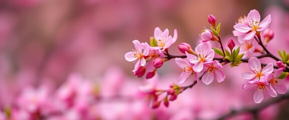 Obraz premium Delicate spring blossoms, vibrant pink petals, soft focus, empty pink background, botanical, elegant