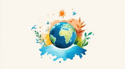 Colorful Illustrative Representation of Earth Surrounded by Nature Elements, Symbolizing Environmental Awareness, Sustainability, and Global Unity Through Artistic Design