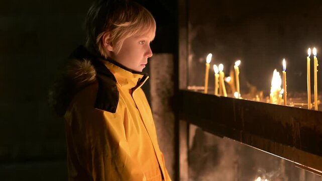 A beautiful boy looks at a group of thin burning candles in a church. A parishioner lights a candle after a church service in an Orthodox or Catholic church.Christian Christmas or Easter with children