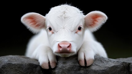 Obraz premium Innocent, pure white calf resting on a rock