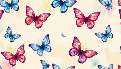 Delicate watercolor butterflies in abstract seamless pattern on colored paper background, wing, nature