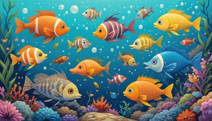 Naklejka premium Vibrant Underwater Illustration Colorful Fish, Coral Reef, and Seaweed
