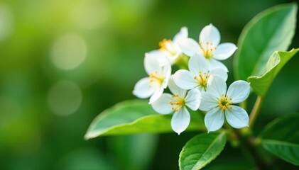 Fototapeta premium Delicate white flowers with yellow pollen on a bush, europe, white flowers