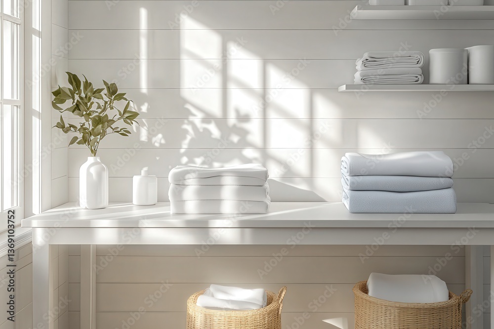 Poster Bright and airy bathroom with neatly stacked towels and soft light filtering through windows in a minimalist setting