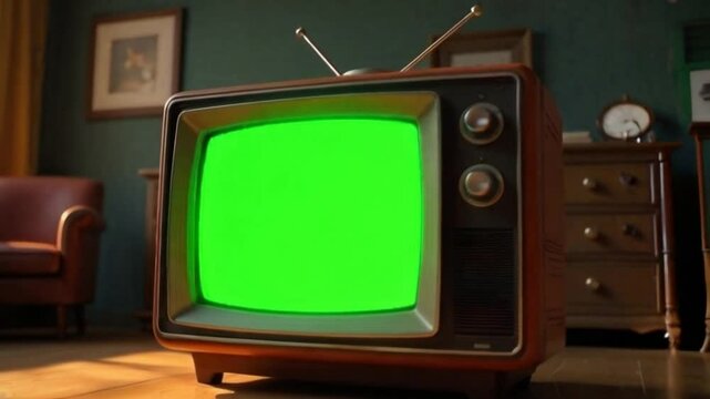An animated retro vintage portable television set in an old style interior, featuring a chroma key green screen for easy content customization