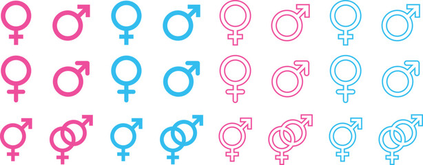 Gender symbols. Male, female sex sign gender equality icon in flat, line set  isolated on transparent background