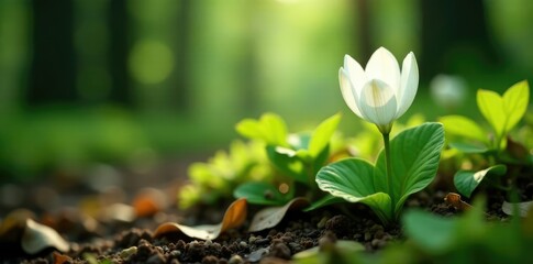 Delicate white petals unfolding on a forest floor, earthy, greenery, nature