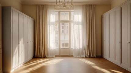 Obraz premium Sunlit bedroom with large windows, white wardrobes, and wooden floors; interior design