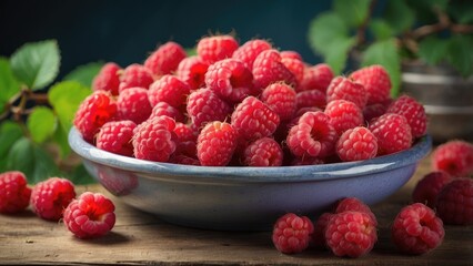 A close-up view of fresh, plump raspberries,
