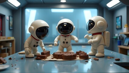 Miniature figurine astronauts in a food research lab testing chocolate in zero gravity.