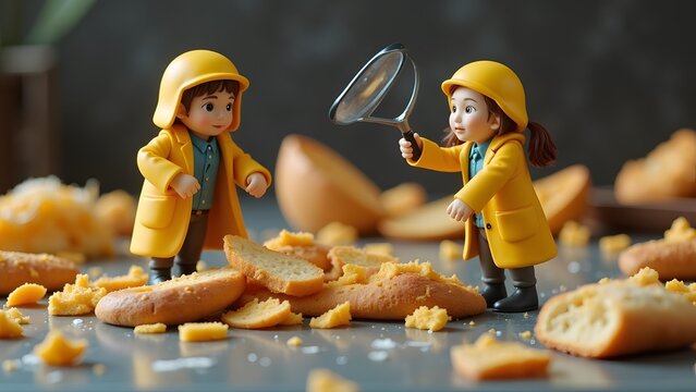 Miniature figurine biologists examining the textures of bread crumbs under a magnifying glass.