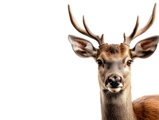 Obraz premium Close-Up Portrait of a Majestic Deer with Antlers on White Background