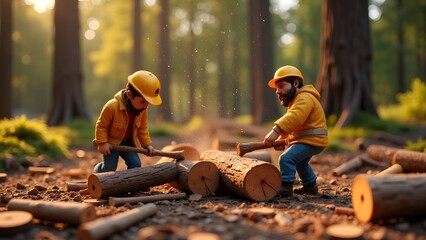Miniature figurine lumberjacks chopping cinnamon sticks like logs sawdust flying.