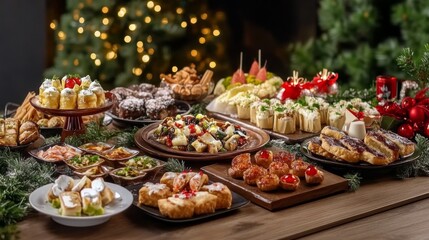 Fototapeta premium An enticing spread of various holiday treats showcases a delightful array of food options perfect for festive gatherings, embodying the warmth and joy of the season.