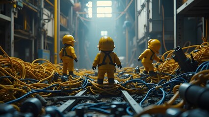 Miniature figurine workers tangled in spaghetti strands like thick cables.