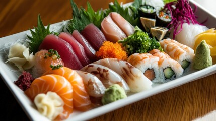 A platter of assorted sushi and sashimi, a colorful and delicious meal.