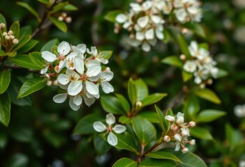 Obraz premium Delicate white hawthorn blossoms against vibrant green foliage, nature, landscape