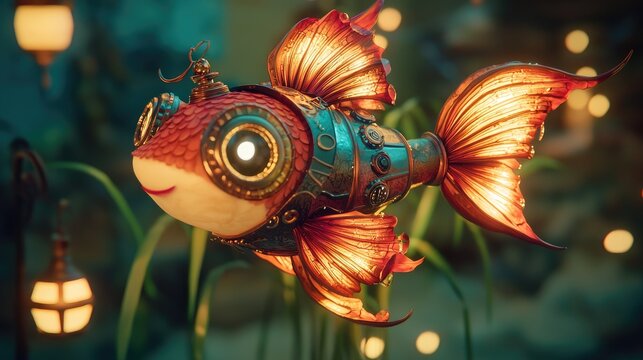 Glowing steampunk fish swims in a lush dimly lit garden  Intricate gears and warm light illuminate its body