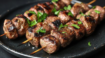 Delicious Grilled Lamb Kofta Skewers garnished with fresh parsley perfectly seasoned and cooked A close up shot showcasing the juicy meat and flavorful herbs