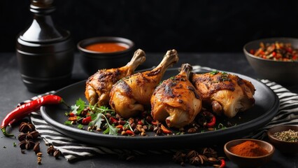 A black plate piled with char-grilled chicken drumsticks,