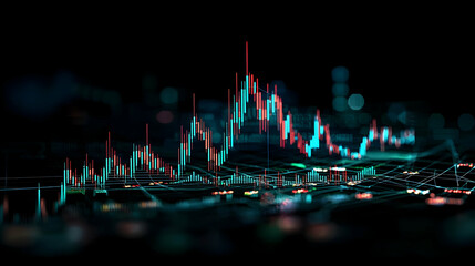 Night Stock Market Candlestick Chart Over City Lights