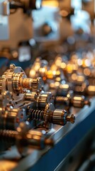 Precision gears and components in a factory setting; intricate mechanisms in the foreground, blurred machine parts in the background. Ideal for  engineering, technology, or manufacturing concepts