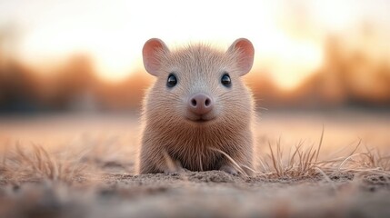 Cute, light beige rodent, nestled in sand, sunset backdrop