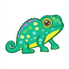 Obraz premium Cute Cartoon Chameleon Illustration Teal Yellow Spots Curled Tail White Background