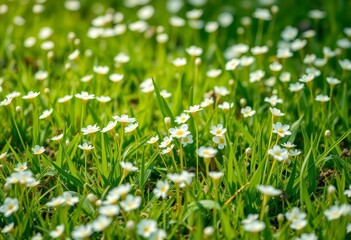 Delicate white spring blooms scattered across vibrant green meadow, rural, beauty