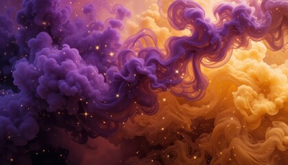 Obraz premium Mesmerizing Purple and Gold Smoke Abstract Swirling Art with Sparkling Effects