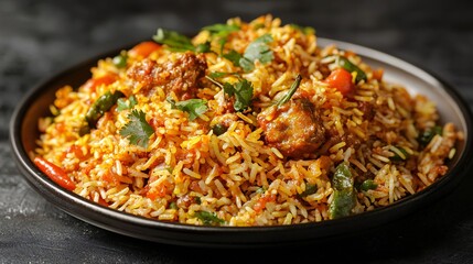 Fototapeta premium Delicious Spicy Chicken Biryani Rice Dish in a Dark Bowl A flavorful Indian cuisine meal perfect for a restaurant menu or cookbook