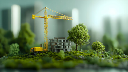 Miniature Construction Site With Crane In Green Environment