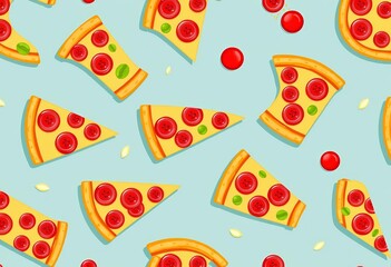 Delicious pizza slices seamless pattern, vibrant colors, ideal for food packaging and restaurant decor, vector, print