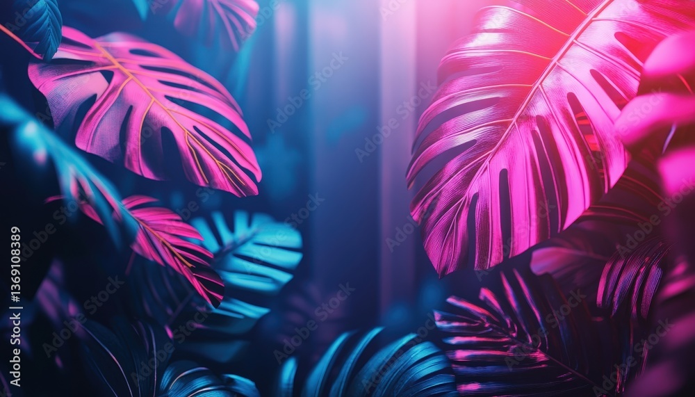 Poster vibrant tropical leaves illuminated by neon lights in a captivating and colorful display