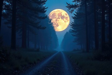 Naklejka premium Full moon casting an eerie glow on a forest path, night, full moon