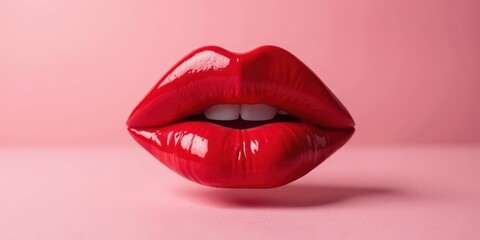 Obraz premium Close-up of glossy red lips slightly parted against a soft pink backdrop, showcasing a vibrant and alluring aesthetic.