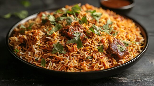 Delicious Spicy Lamb Biryani Rice Dish in a Black Bowl A Close Up View of Aromatic Indian Cuisine Food