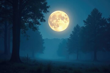 Full moon casting an ethereal glow on forest trees, mystical, misty, moonlight