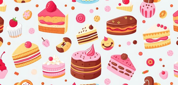 Delightful seamless pattern featuring assorted cakes and pastries in a whimsical style, ideal for wallpapers, tile, cake