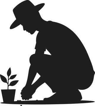 black silhouette gardener planting seedling clip art preview
